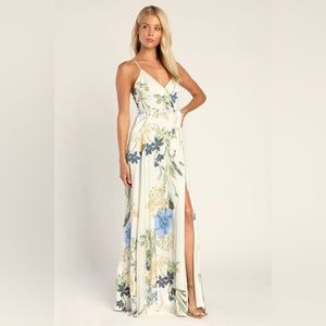 Lulu’s Still the One White Floral Print Satin Maxi Dress XS